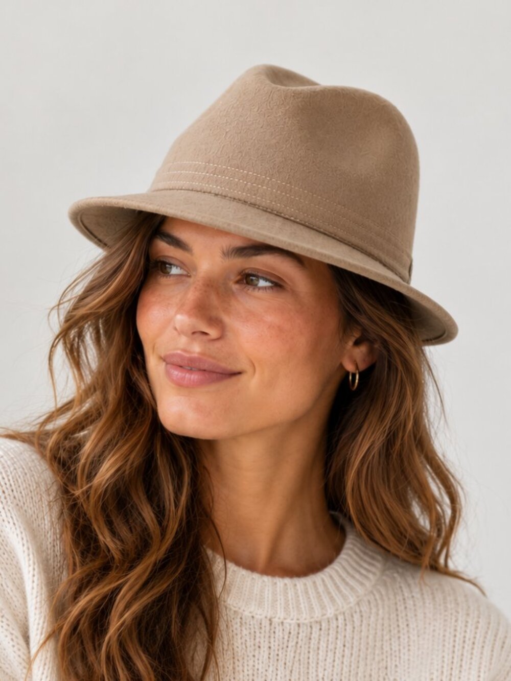 Canadian Hat Womens 100% Wool Felt Fedora Brim Hat Beige Tan Vintage Style